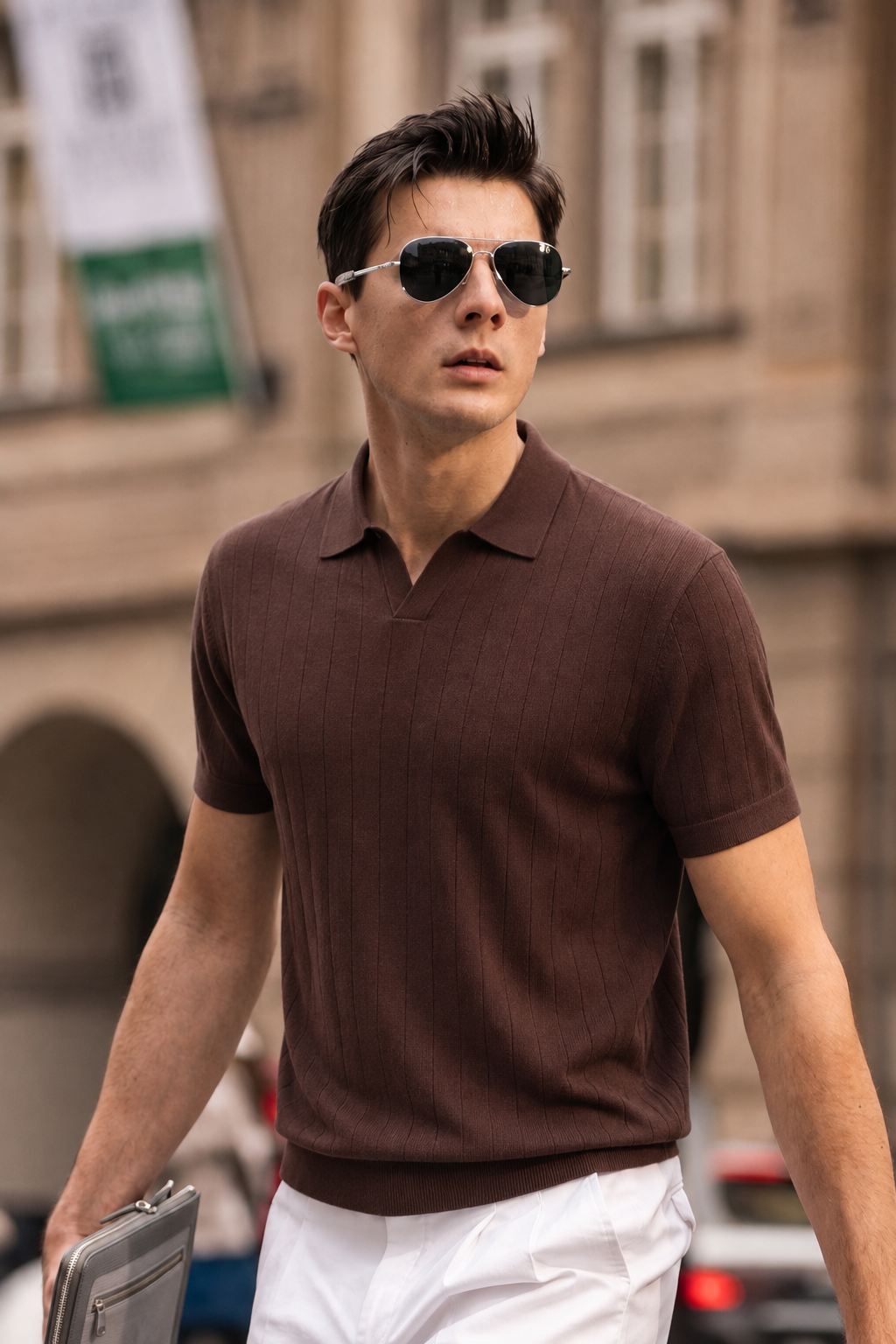 Cotton-Silk Open Collar Knit Polo