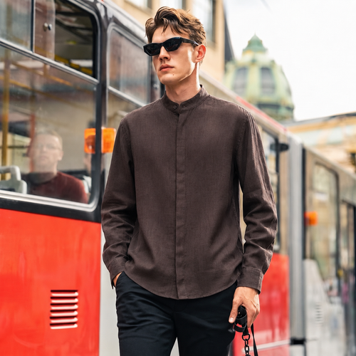100% Linen Band Collar Shirt