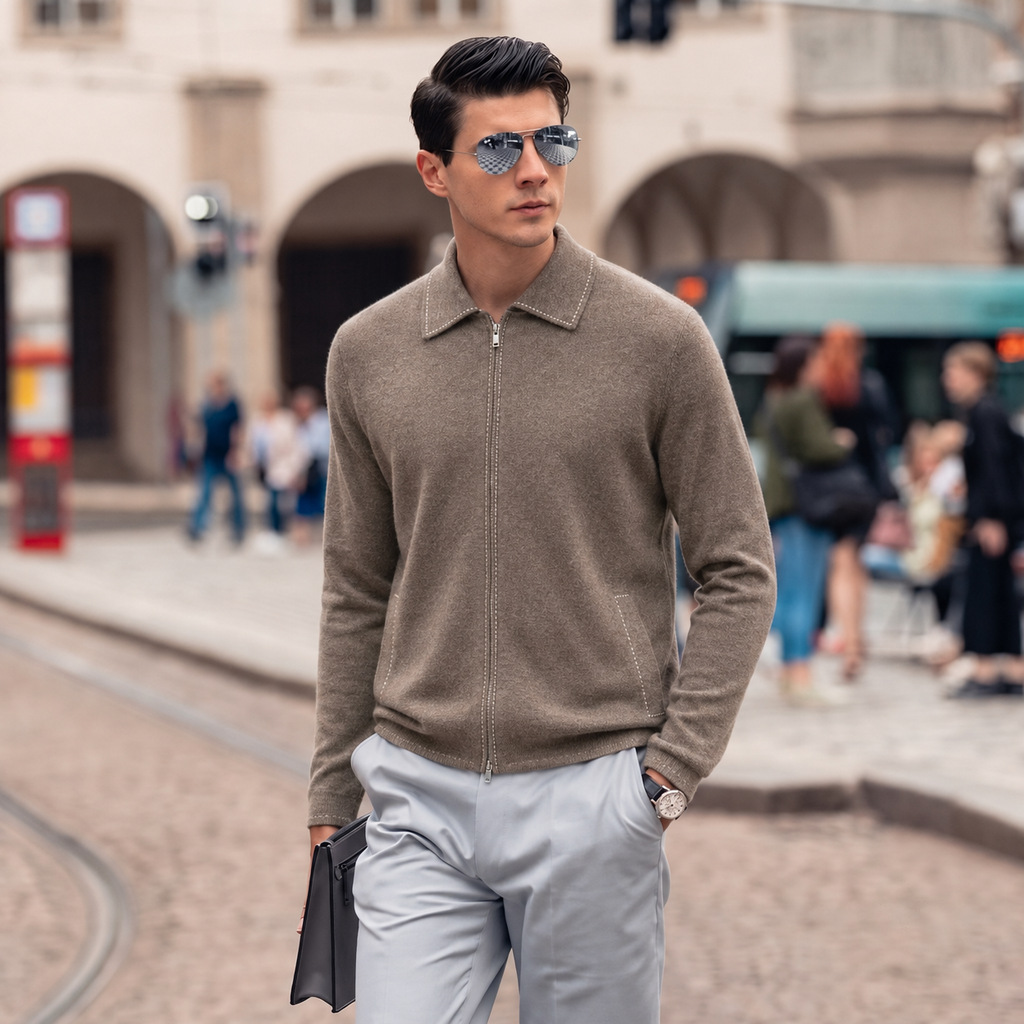 Herren Cardigan mit Reißverschluss und Polokragen aus Wolle | Premium Strickjacke im Quiet Luxury Stil